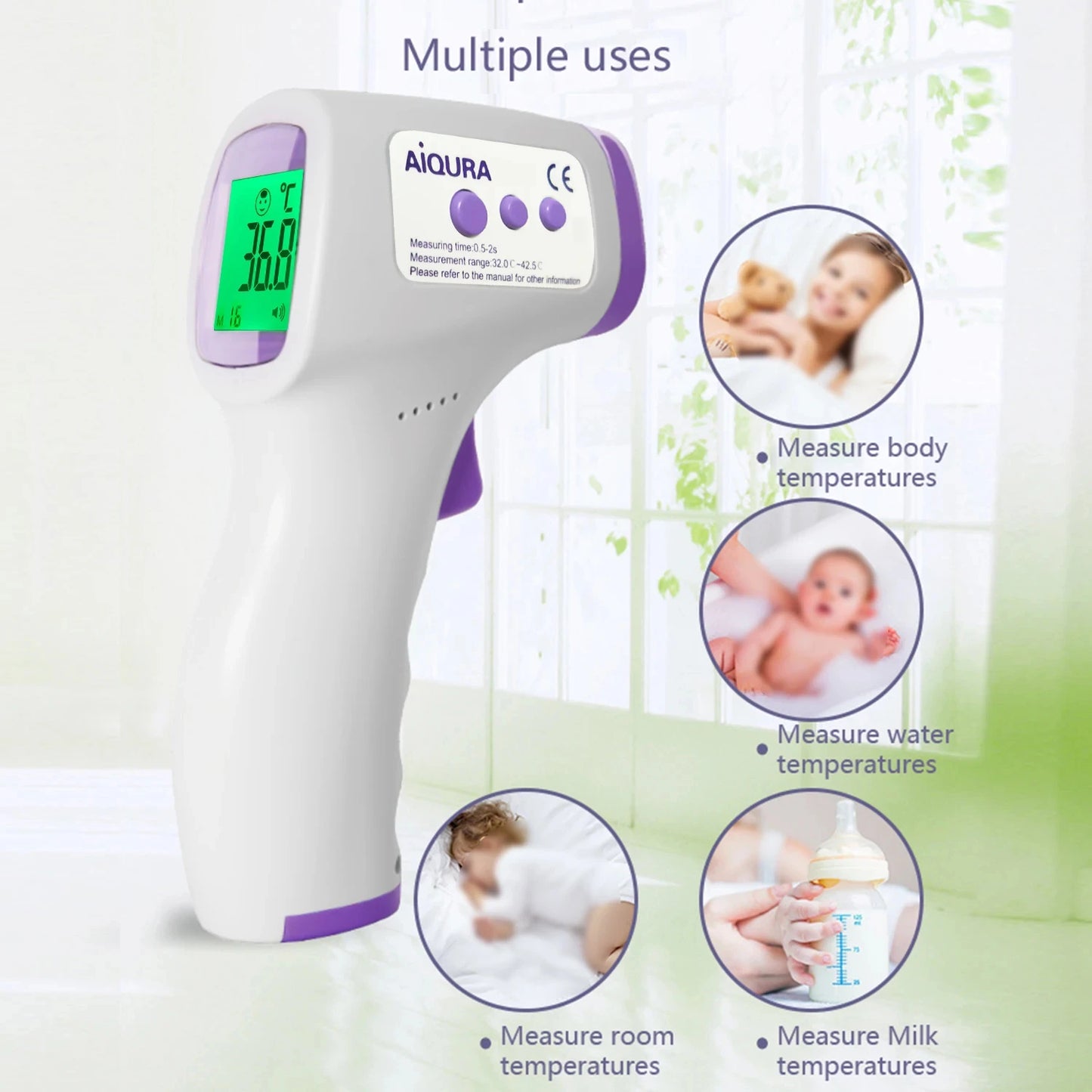 Termómetro digital médico infrarrojo sin contacto para medir la temperatura corporal y la fiebre en bebés y adultos.