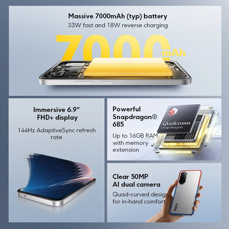 Global Version POCO M7 Snapdragon 685 Smartphone Immersive 6.9" 144Hz FHD+ Display 7000mAh battery 33W Charging NFC