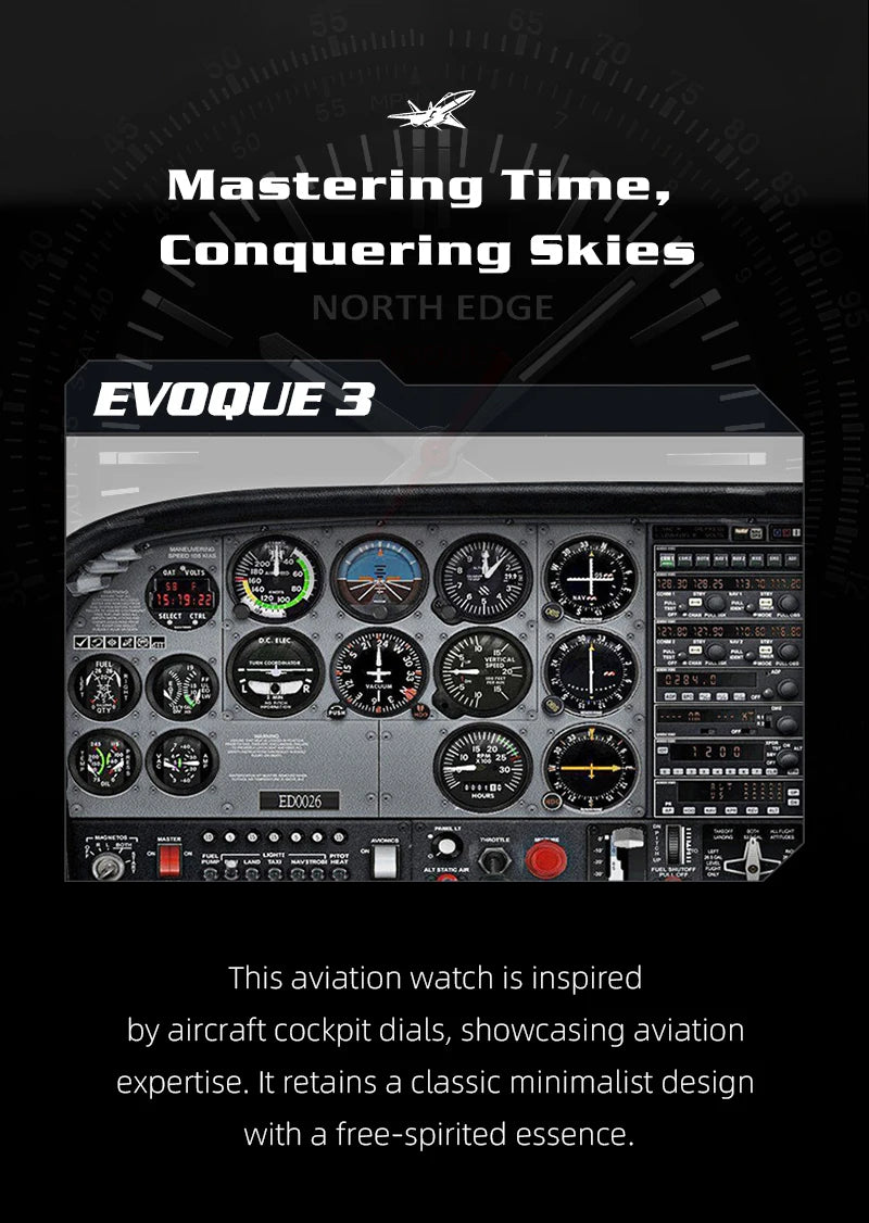 Reloj NORTH EDGE EVOQUE 3 Pilot Series para hombre, de aviación, militar, con energía solar, correa de cuero, caja luminosa de acero inoxidable.