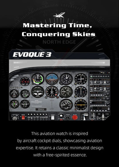 Reloj NORTH EDGE EVOQUE 3 Pilot Series para hombre, de aviación, militar, con energía solar, correa de cuero, caja luminosa de acero inoxidable.