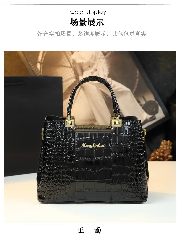 2023 New Luxury Crocodile Bag for Women Casual Tote High Qualtiy Patent Leather Shoulder Purses Elegant Dinner Noble Purse Black