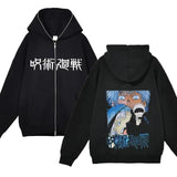 Chaquetas con cremallera de Anime Gojo Satoru, sudadera con capucha de forro polar fino, sudaderas con cremallera Y2K, Jujutsu Kaisen 