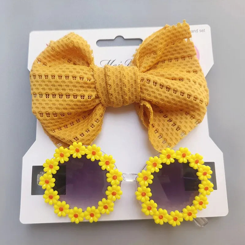 2Pcs Elastic Nylon Baby Headband Daisy With Flower Sunglasses Bohemia Beach Seaside Sun Glasses Kids Puff Bow Headwear