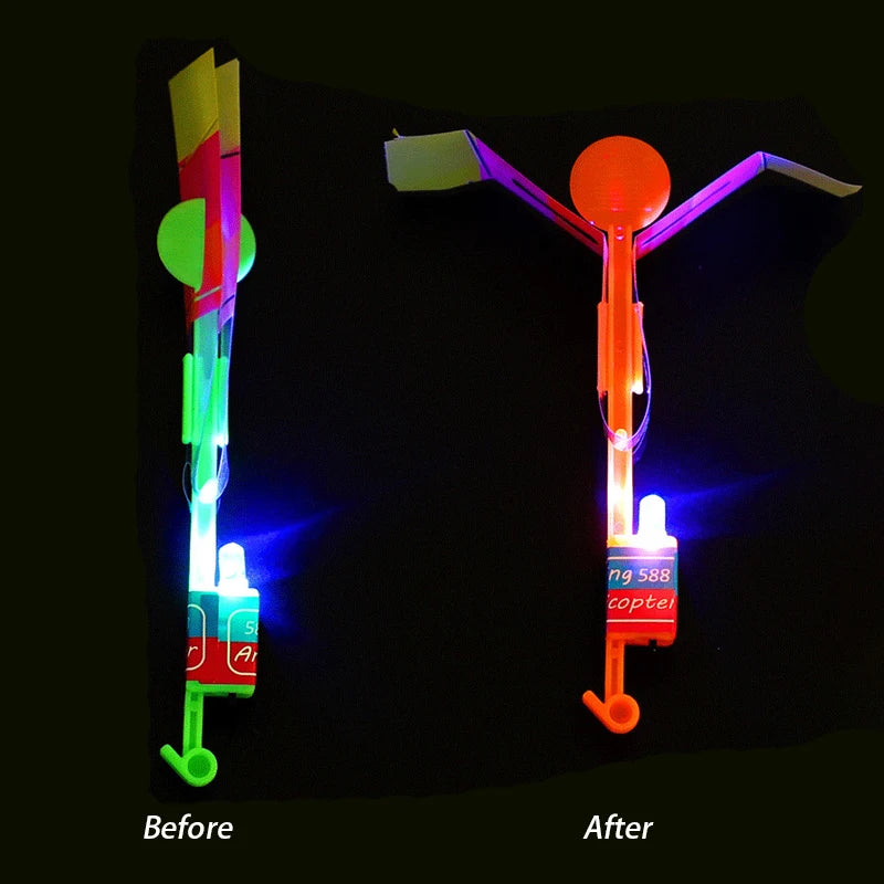 Increíble juguete luminoso, flecha LED, juguetes para fiestas al aire libre, divertido regalo, banda elástica, catapulta que brilla en la oscuridad, cohete, helicóptero, juguete volador.
