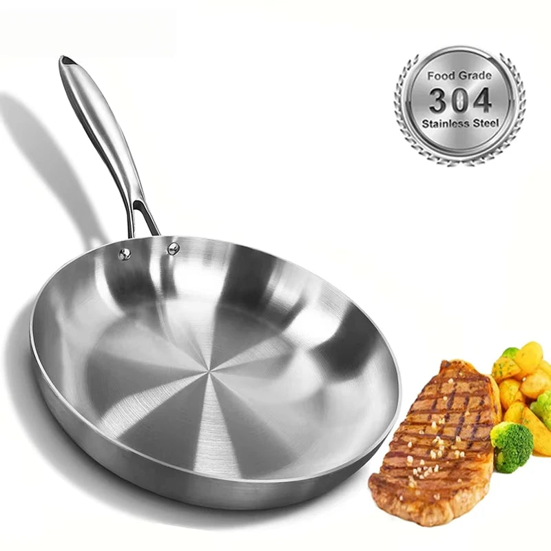 304 Stainless Steel Frying Pan Non-Stick Pan Fried Steak Pot Uncoated Kitchen Cookware For Gas Stove and Induction Cooker