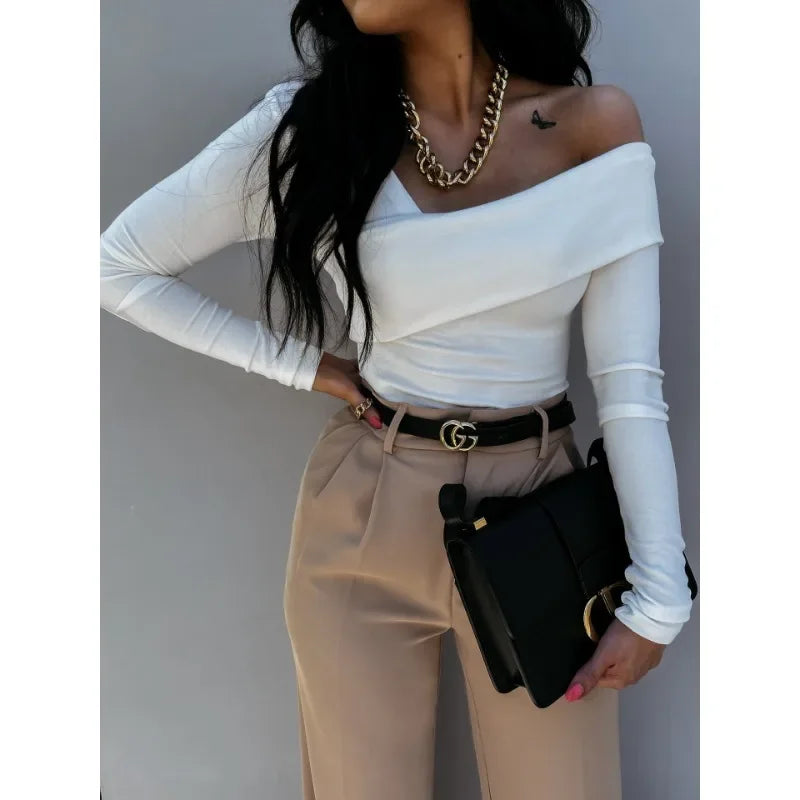 Autumn Commuter Women's T-shirt Sexy Fashion Slant Neck Off Shoulder T-shirt Solid Color Casual Long Sleeved T-shirt