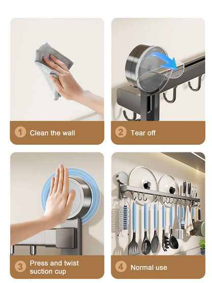 Perchero de cocina de pared con ganchos, sin necesidad de perforar, para colgar utensilios de cocina, cucharas, palas y tablas de cortar.