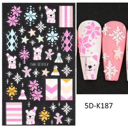 5D Red Christmas Nail Stickers Glitter Embossed Snowflake Gloves Feather Bulb Bells Winter Xmas DIY Engraved Manicure Decoration