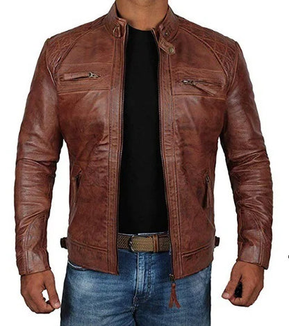 2023 Men Leather Jacket Teenagers Stand Collar Punk Men Motorcycle Leather Jacket Brown Leather Jacket