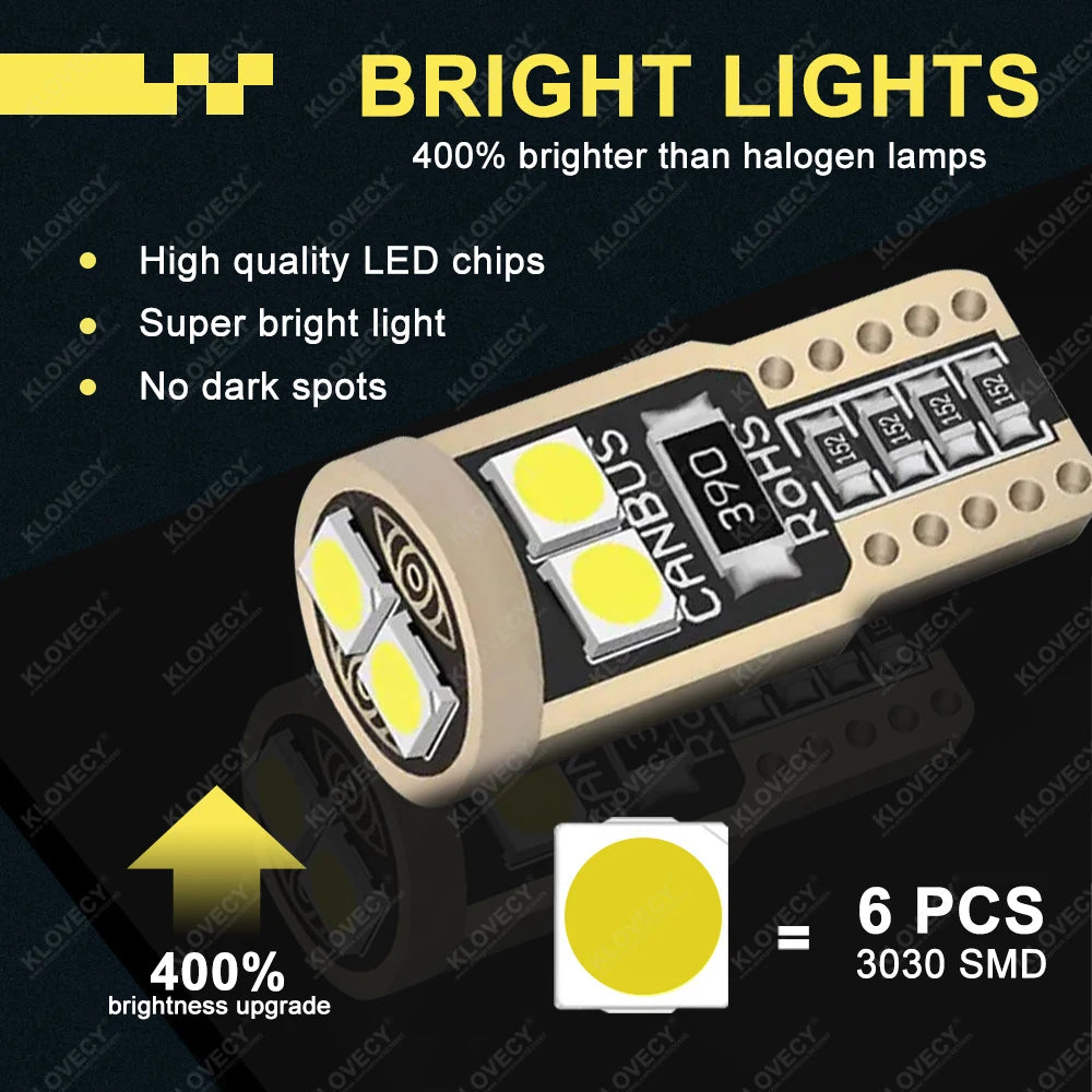 2/4/6/10/20 Pieces CANBUS T10 W5W LED Bulbs for Car Interior Dome Door Map Trunk License Plate Lights 12V 3030SMD White Yellow
