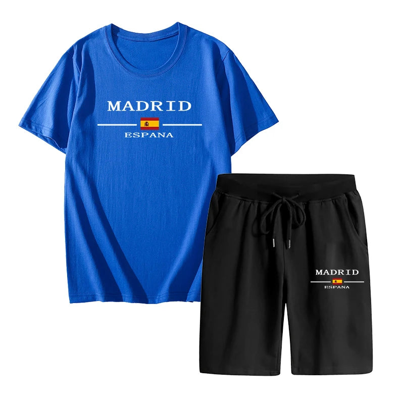 Madrid Spain Pattern T-shirts 2pcs Set High Quality Pure Cotton Tops and Quick Dry Shorts Mens Casual Sports Football Suits