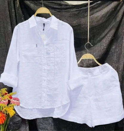 Conjunto informal de dos piezas de lino y algodón para mujer, moda de verano 2024, camisa de manga larga blanca y pantalones cortos, chándal de dos piezas