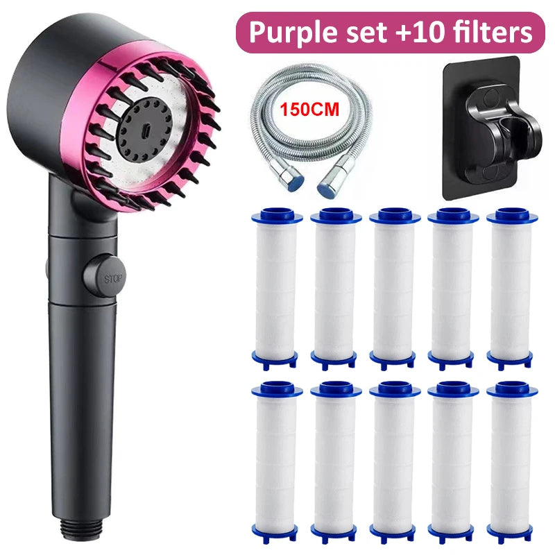 Cabezal de ducha de alta presión con 4 modos de ducha ajustables y filtros de cepillo de masaje, accesorios de baño para ahorrar agua.
