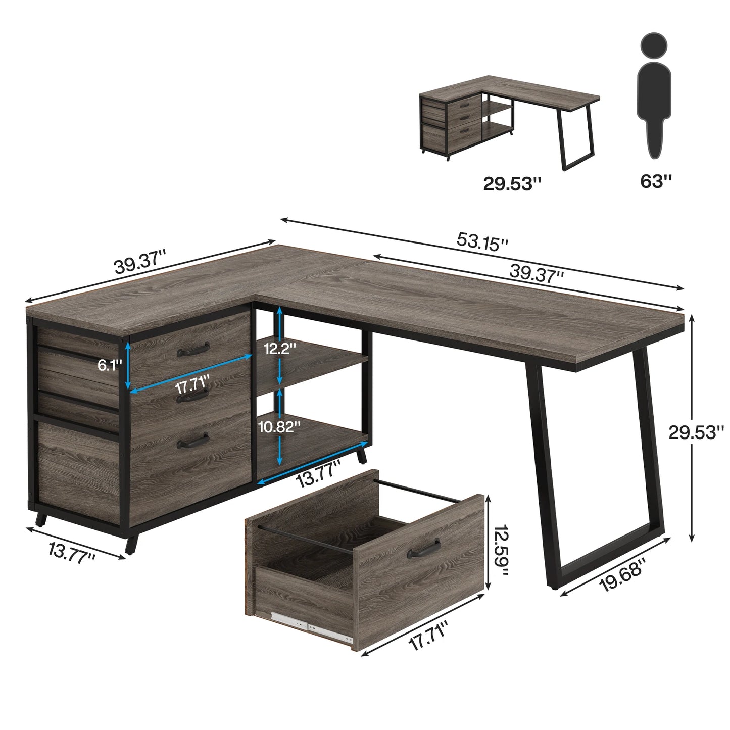 Tribesigns L-Shaped Computer Desk with 3 Drawers, Reversible Corner Home Office Desk with Shelves, 53-Inch Industrial PC Desk St