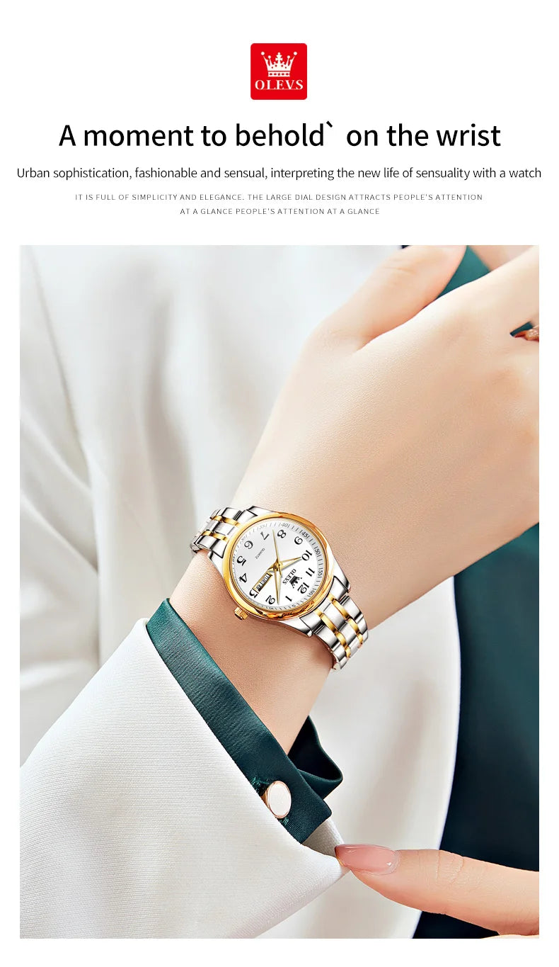 Relogio feminino de luxo bicolor aço inoxidavel e calendario duplo