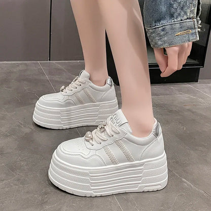 8cm Leather Flats Casual Dad Shoes Chunky Sneakers 2025 Women Platform Sports Shoes Ladies Skateboard Hidden Heels Shoes Tennis