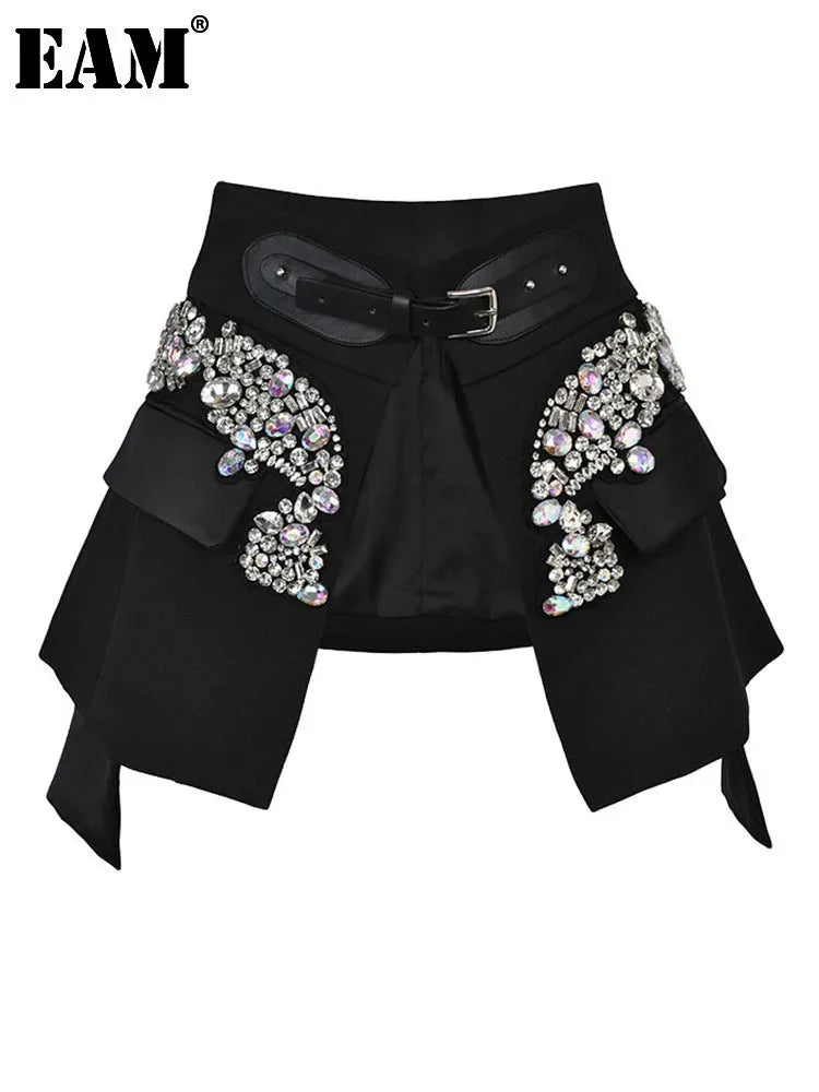 EAM - Minifalda negra con cinturón y pedrería irregular, cintura alta, para mujer, tendencia de moda, primavera otoño 2025, JY75801