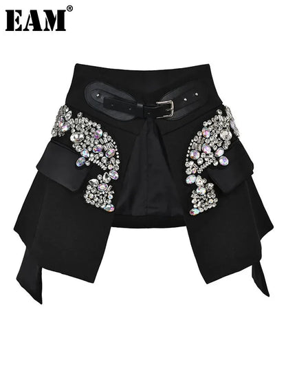 EAM - Minifalda negra con cinturón y pedrería irregular, cintura alta, para mujer, tendencia de moda, primavera otoño 2025, JY75801