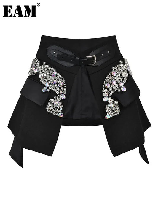 EAM Black Irregular Rhinestones Belted Mini Half-body Skirt High Waist Women Fashion Tide New Spring Autumn 2025 JY75801