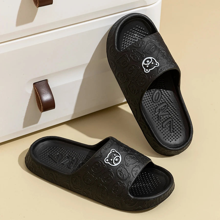 Summer Children Slippers Indoor Cute Bear Print Anti-Slip Soft Sole Exquisite Parent-Child Shoes Home Comfy Leisure Shoes