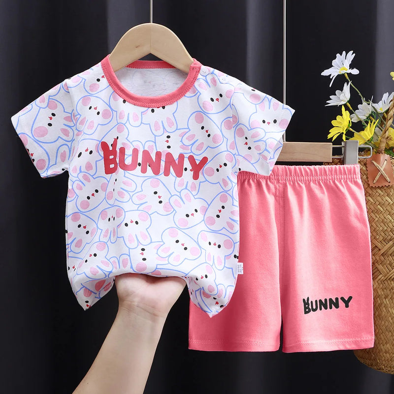 New Boys Summer Clothing Set Full Bear Print Cotton Short Sleeve T-shirts and Shorts 2PCS Breathable Outfit For Girls
