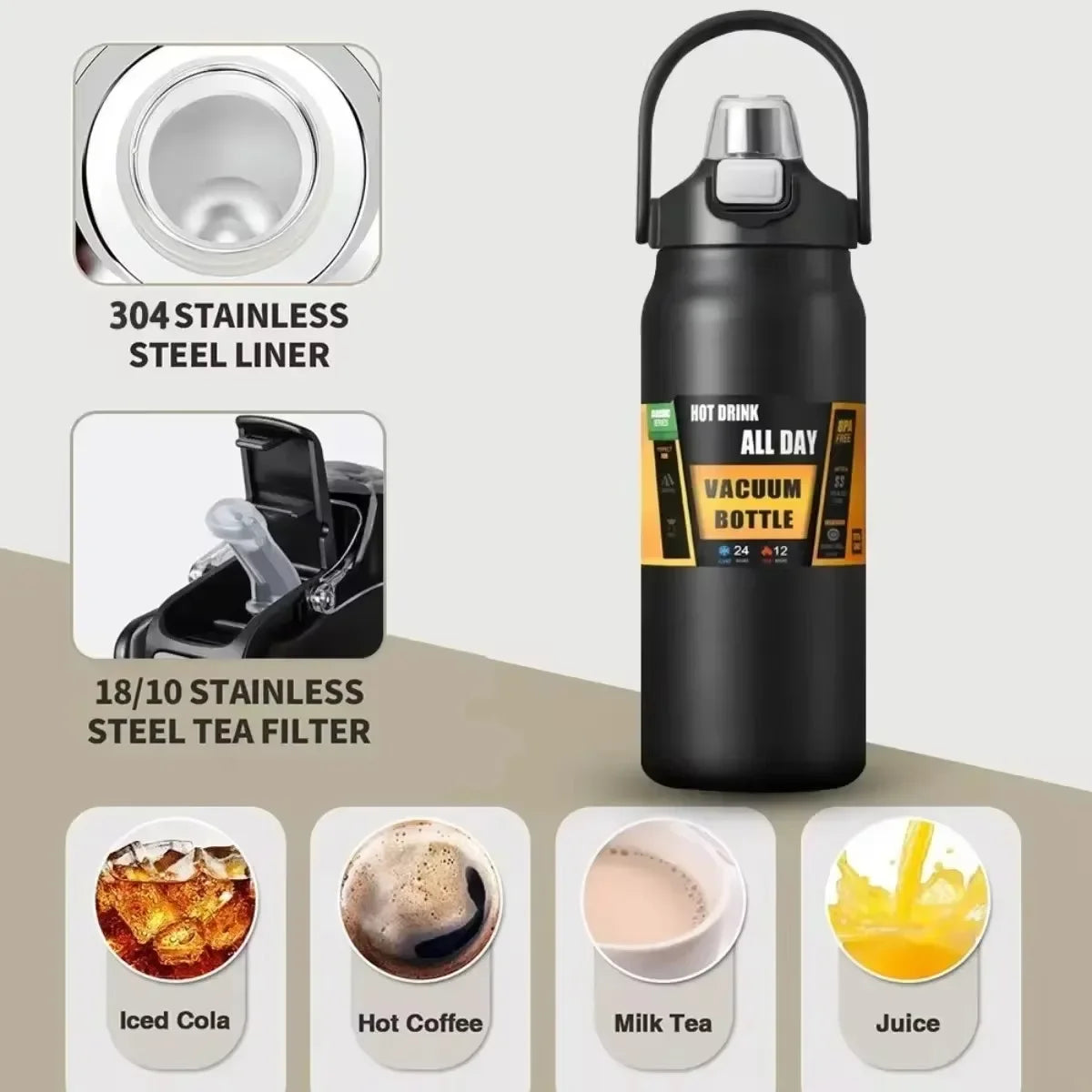 Stainless Steel Thermo Bottle 1500ML Portable Thermos with Straw Large Capacity Tumbler Thermoses Sports Mountaineering Cup