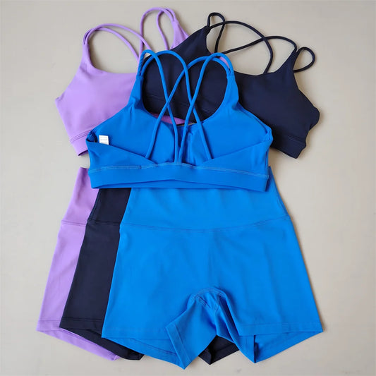 Women Gym Suit Yoga Clothes Shorts Leggings+ Bra 2-Piece Set Running Exercise Fitness Sportswear High Waist Cross Beautiful Back