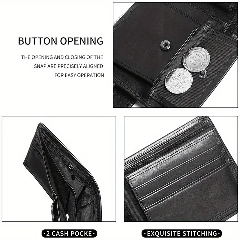 Men's Genuine Leather Wallet, Anti-Theft RFID Brush, Anti-Magnetic, Short Coin Purse, Large Capacity, Multi-Slot Buckle Wallet