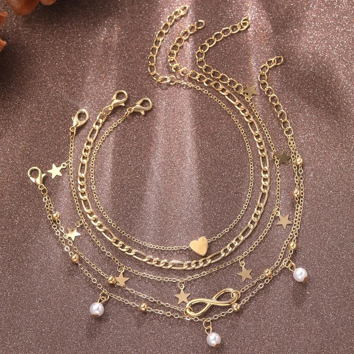 5Pcs Bohemian Pineapple Pearl Anklet for Women Fashion Simple Temperament Ladies Infinite Ankle Bracelets Jewelry Star Anklets