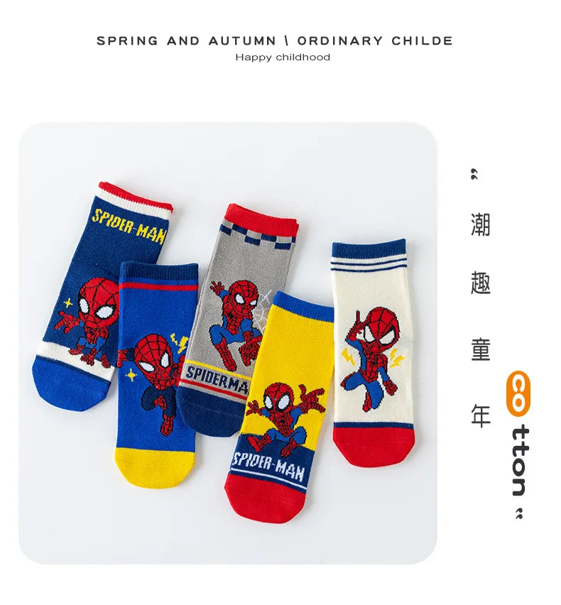 5 Pairs Marvel Kids Socks Spider-Man Kawaii New Fall Winter Cartoon Boy Children Mid-calf Socks Cotton Sock for Boys Gifts