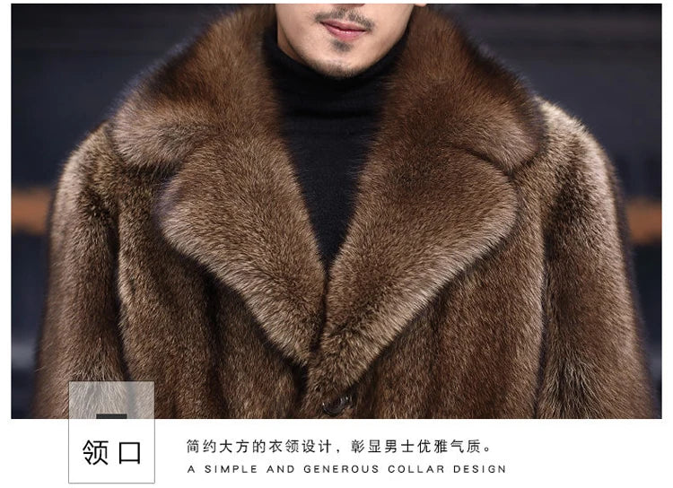 Abrigo largo de piel de visón cálido de invierno para hombre, chaqueta gruesa, cortavientos informal holgado