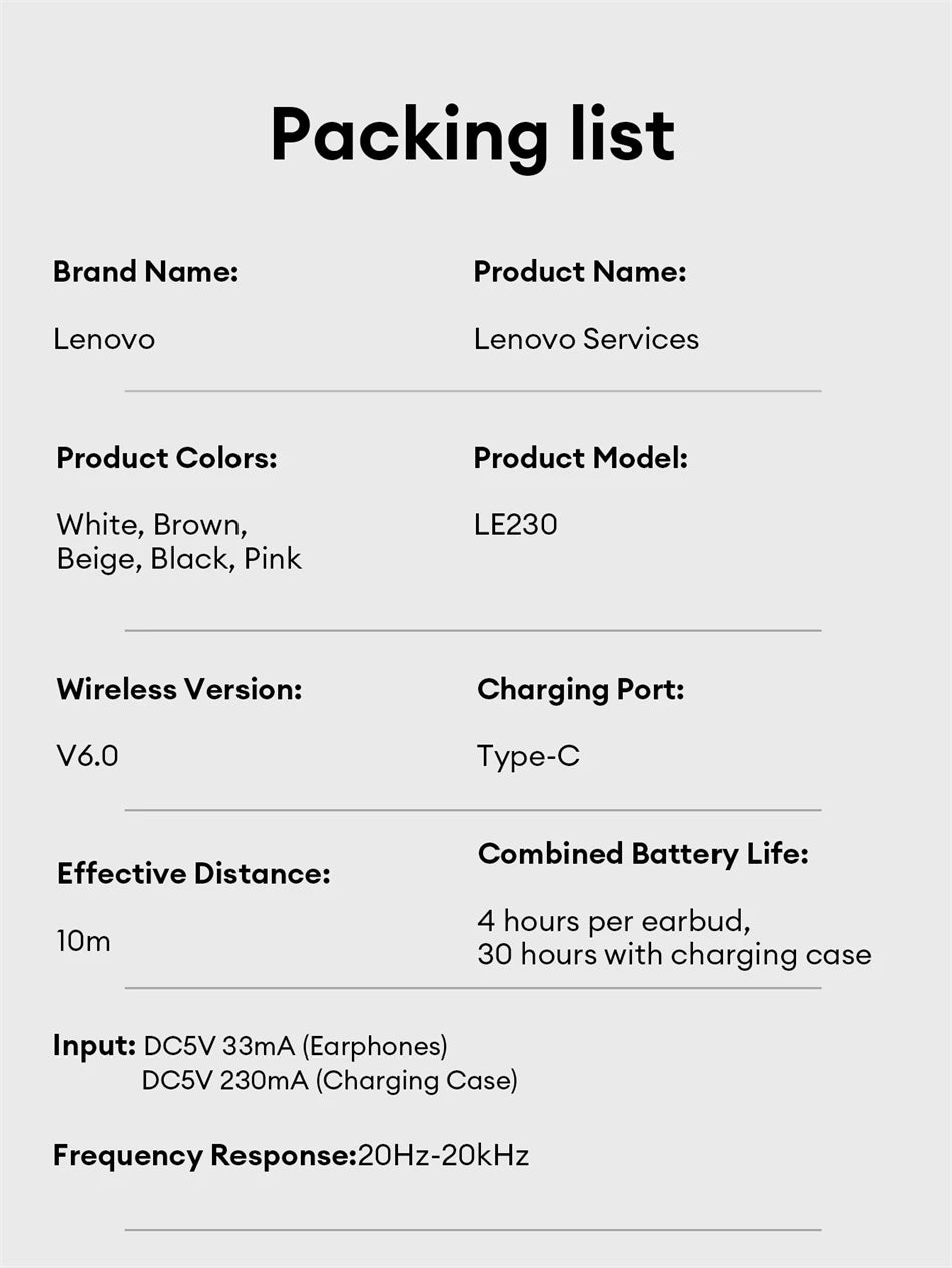Original Lenovo LE230 New Bluetooth Earphones Wireless Headset TWS Touch Control Earbuds Hifi Headphone Waterproof Mic Earbuds