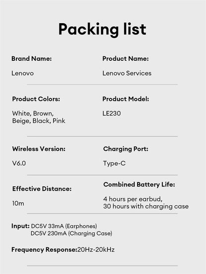 Original Lenovo LE230 New Bluetooth Earphones Wireless Headset TWS Touch Control Earbuds Hifi Headphone Waterproof Mic Earbuds
