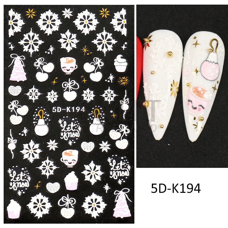5D Red Christmas Nail Stickers Glitter Embossed Snowflake Gloves Feather Bulb Bells Winter Xmas DIY Engraved Manicure Decoration