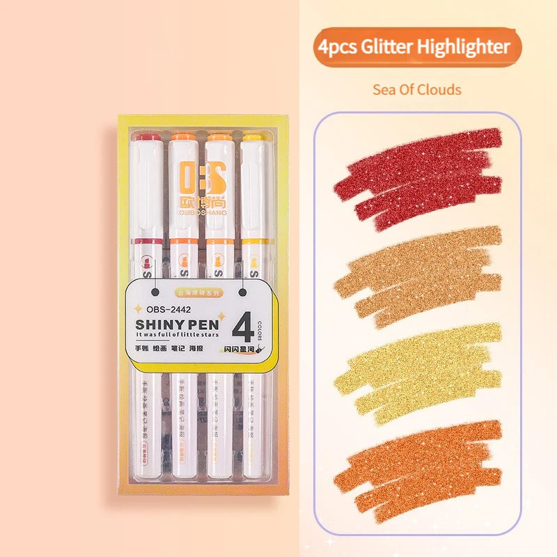 4 Colors/box Kawaii Glitter Highlighter Pen Pastel Fine Pastel Highlighter Marker Scrapbook Painted Stationery School Supplies