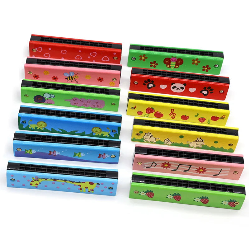 Armónica de madera de 16 agujeros con animales de dibujos animados, instrumento musical de juguete pintado, juguetes educativos tempranos para niños, regalos