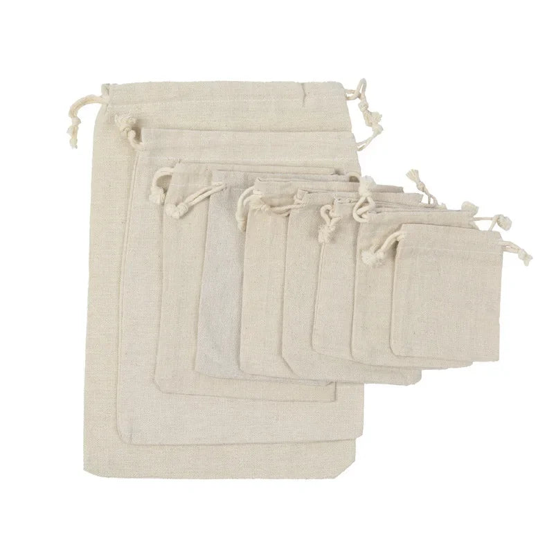 Travel Drawstring Cotton Linen Storage Bags Multiple Sizes Beige Coin Money Pouch ID Credit Cards Gifts Jewellery Organizer Bags