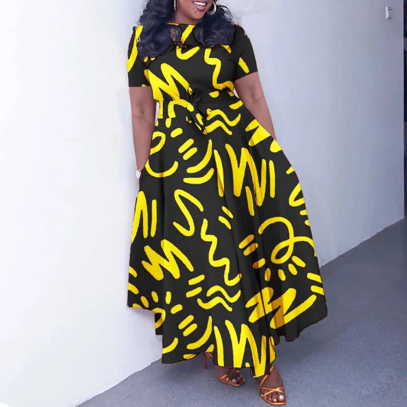 2025 Dashiki Fashion Belted Maxi Long Party Dress Vintage Printed Sundress Casual Vestidos Robe african dress Summer Women Dress