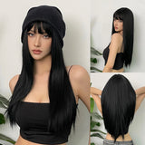Light Wine Red Synthetic Wigs With Bangs for Women, Long Straight Hair Wig, Natural Cosplay Party, Heat Resistant