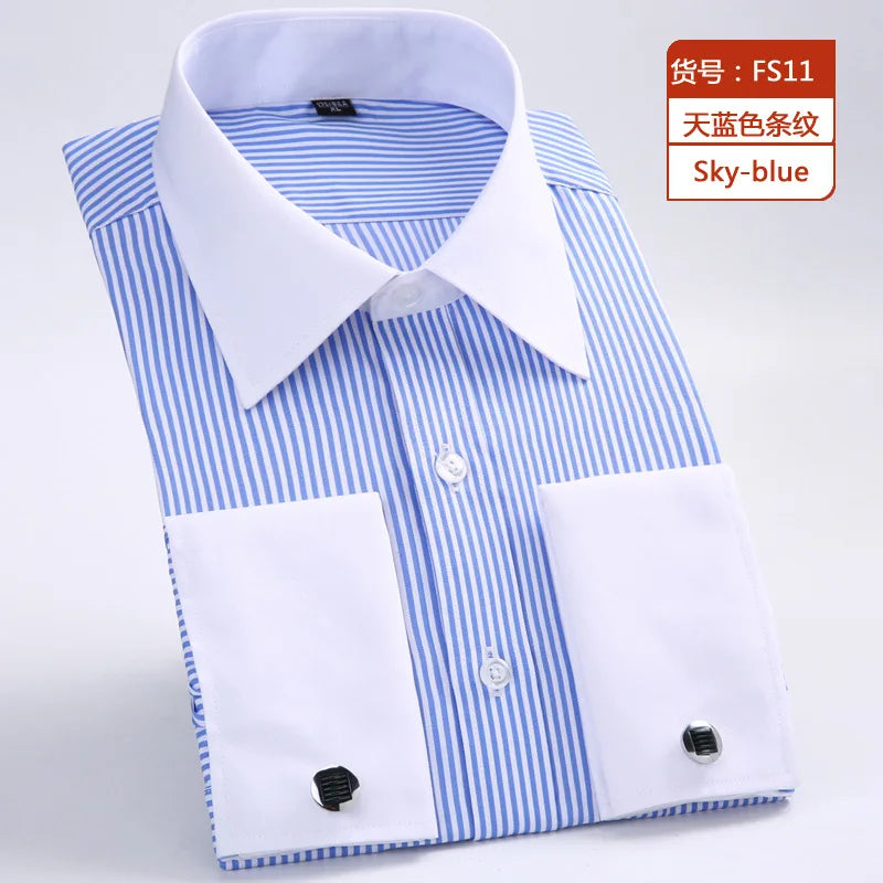 Camisa clásica de vestir para hombre con puños franceses, corte estándar, manga larga, para bodas, fiestas, oficina, trabajo, color blanco