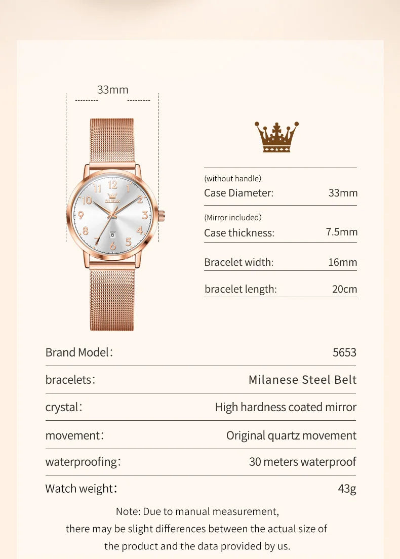 OLEVS 5653 Woman Watches Elegant Original Quartz Watch Waterproof Arabic Numerals Mesh Belt Date Ladies Watch Set Bracelet Watch