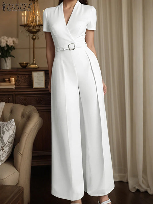 ZANZEA Street Fashion High Waist Jumpsuits Women Workwear Belt Rompers Solid Deep V Neck Elegant Office Lady Long Overalls