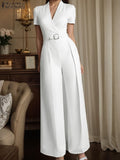 ZANZEA Street Fashion High Waist Jumpsuits Women Workwear Belt Rompers Solid Deep V Neck Elegant Office Lady Long Overalls