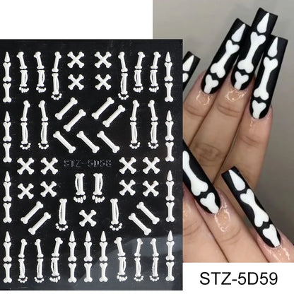 Cinturón negro 5D pegatinas en relieve gótico Halloween estilete calabaza calavera telaraña cremallera manicura uñas gel autoadhesivo decoración