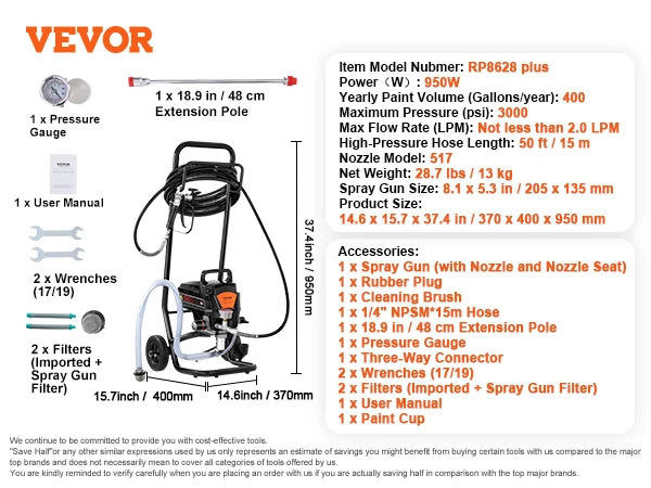 VEVOR 750W 950W Airless Paint Sprayer 3000PSI High Efficiency Electric Airless Sprayer Handheld Paint Sprayers for Home Interior