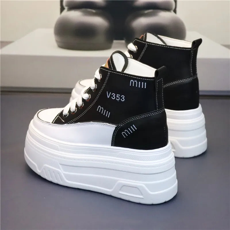 High Top Fashion Sneakers White Chunky Platform Wedge Shoes 12cm 14cm Height Increased Woman Sports Casual Shoe Tennis Female