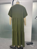 Plus Size 2025 Summer New V-neck Short Sleeve Pleated Solid Colour Loose Casual Midi Dress Basic Hem Pleated