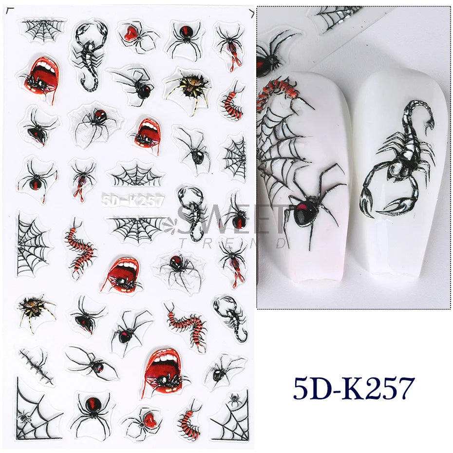 5D Red Christmas Nail Stickers Glitter Embossed Snowflake Gloves Feather Bulb Bells Winter Xmas DIY Engraved Manicure Decoration