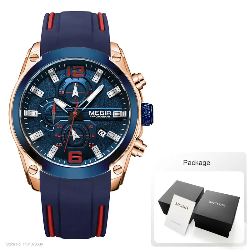 Reloj Megir de cuarzo analógico con cronógrafo para hombre, fecha, manecillas luminosas y correa de silicona resistente al agua.
