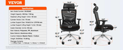 VEVOR-Cadeira Ergonômica de Escritório com Assento Deslizante, Assento de Malha, Apoio Lombar Ajustável, Ângulo e Altura, Cadeira Home Office